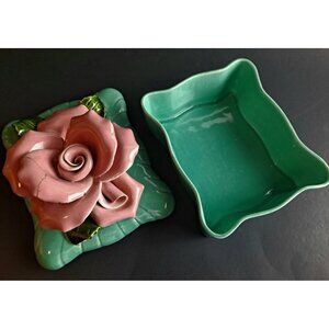 Vintage Razo California #707 Aqua Porcelain Trinket Box W/ Sculptural Pink Rose